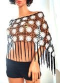Beaded Crochet Poncho,Shawl Shoulder Fringed Wrap, Shawl Shoulder Capelet, White Floral/Black Crochet Shawl / FREE SHIPPING