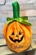 Pumpkin personalised velvet Halloween drawstring bag. Truck or treat fancy dress bag, drawstring bag. halloween party favour bag