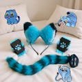 Derpy Tiger Cosplay Ear, Tail & Paw 3 Piece Set – Blue Black Faux Fur Striped Cat Tail, Kpop Demon Hunter Accessories, Anime Cosplay Kit