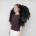Black Feather Cape with White Rhinestones, Halloween Costume Accessories, Gothic Feather Shawl, Cosplay Witch Costume, Owl Feather Costume