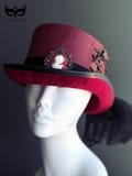 Crimson Red Steampunk Cameo Top Hat for Halloween Cosplay, Victorian Costume Hat with Brooch, Ribbon & Lace Up Back, Gothic Masquerade Hat